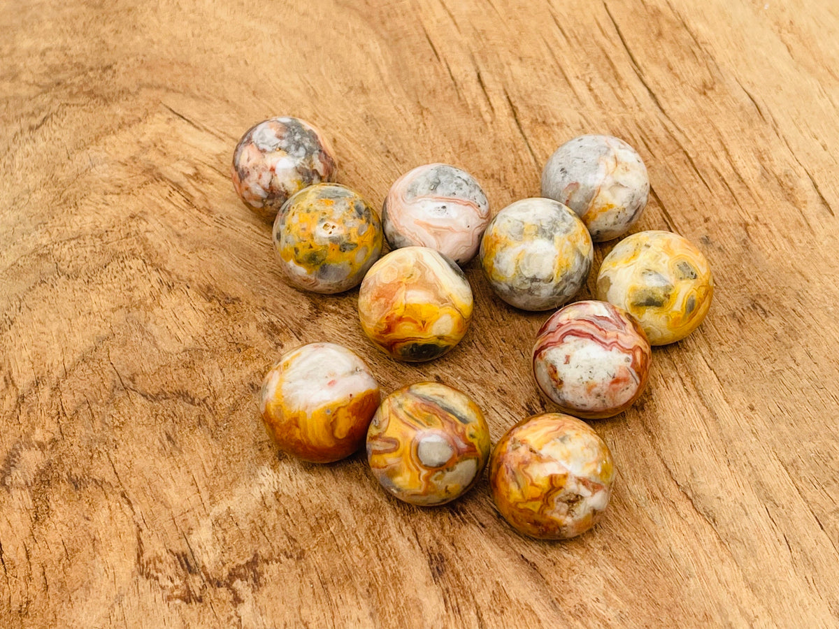 20mm Crazy Lace Agate gemstone sphere from GemstoneGO, showcasing vibrant banded Mexican agate crystal ball.