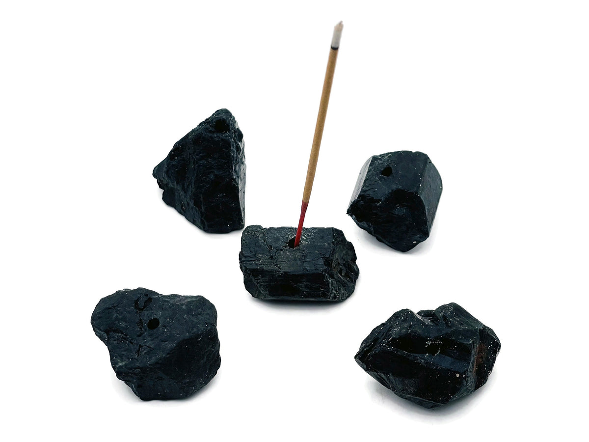 Black Tourmaline rough crystal incense holder by GemstoneGO, handcrafted carving for holding incense sticks.