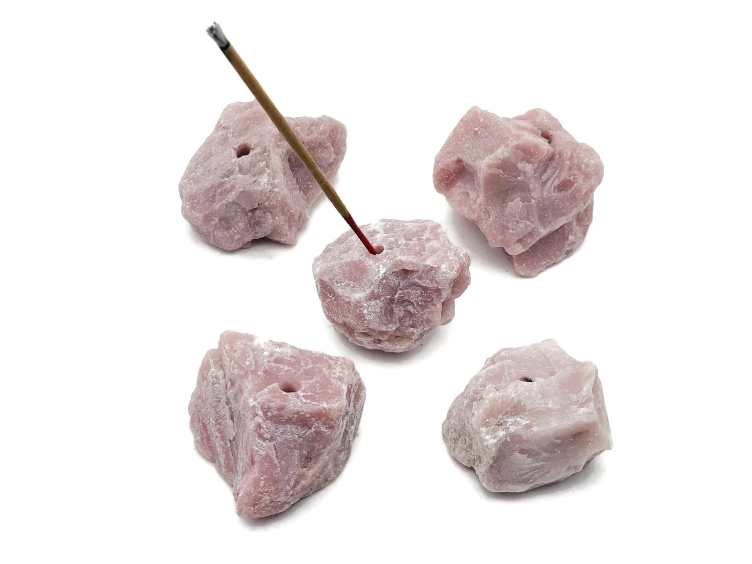 Pink Opal rough crystal incense holder with carved design, handmade gemstone incense stick holder, naturally textured and polished.