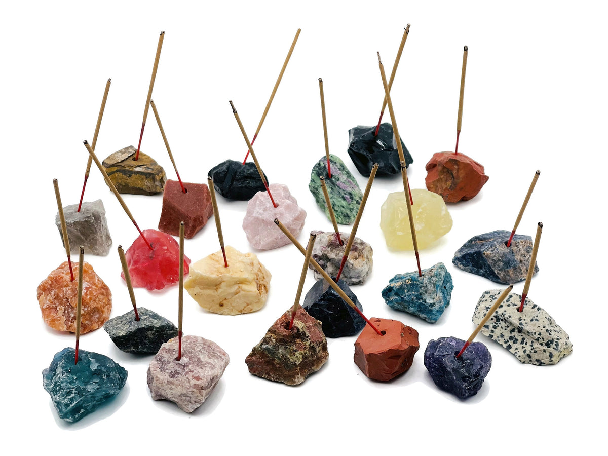 Handmade rough crystal incense holder with carved design, healing stone for incense sticks, from GemstoneGO.