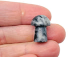 Larvikite mushroom carved gemstone, 20mm, showing detailed natural stone with iridescent blue and gray hues, from GemstoneGO.
