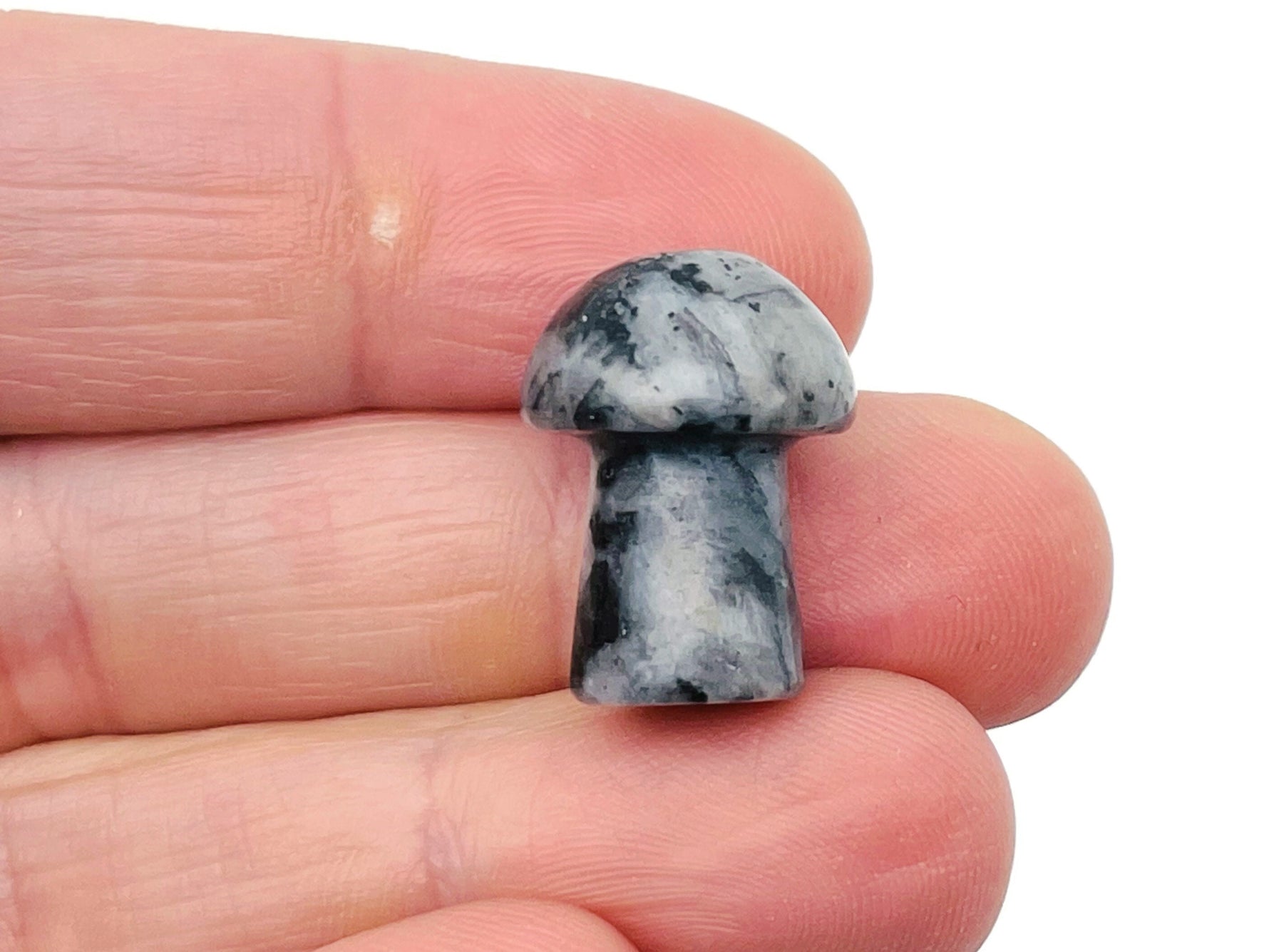 Larvikite mushroom carved gemstone, 20mm, showing detailed natural stone with iridescent blue and gray hues, from GemstoneGO.