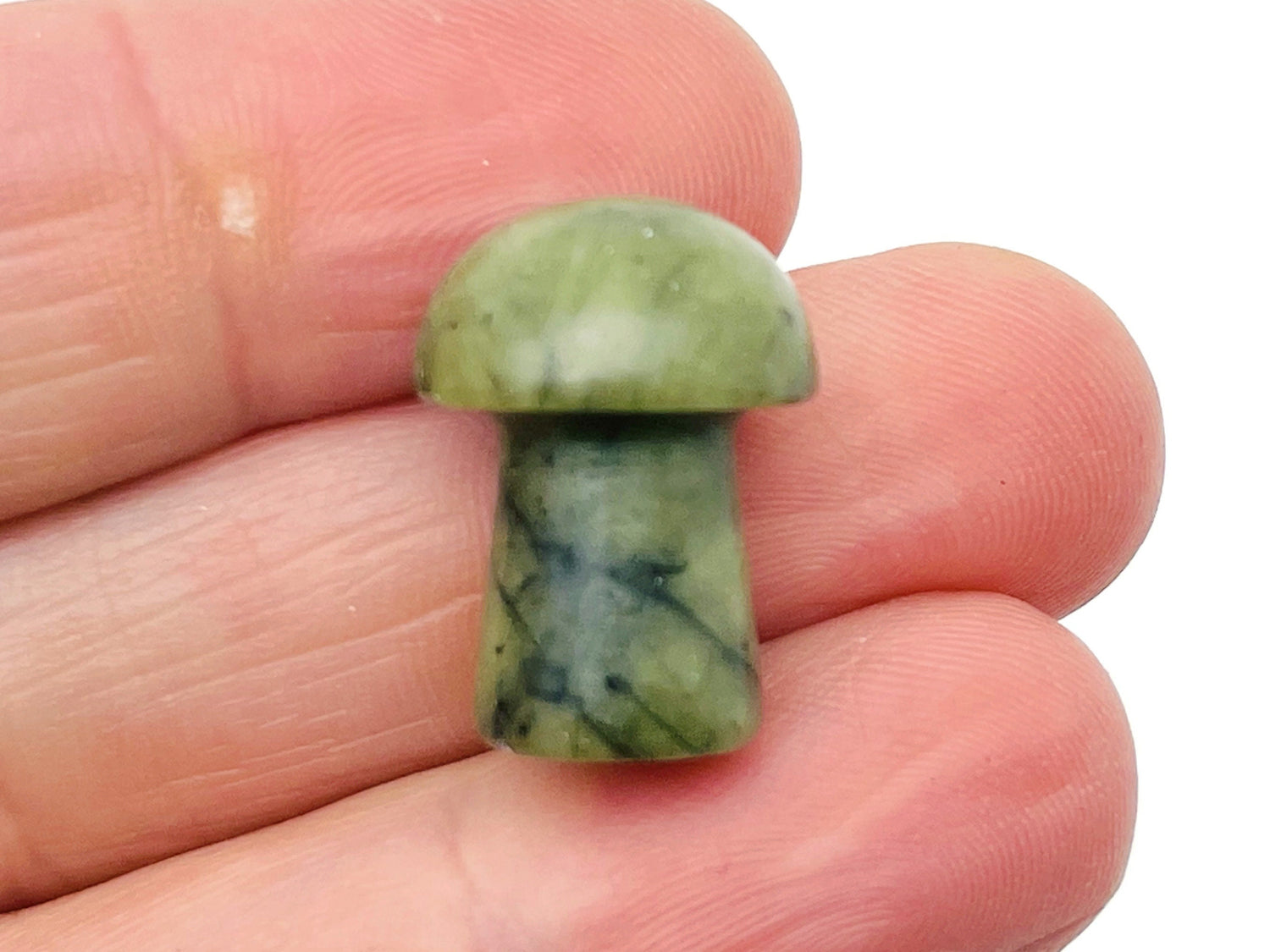 Nephrite jade mushroom carved gemstone, 20mm, detailed green mineral sculpture for jewelry or collection, by GemstoneGO.