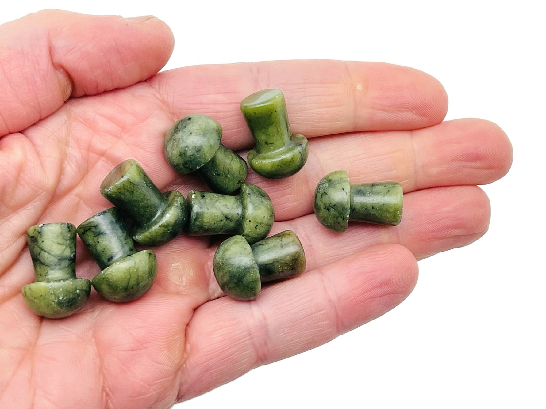 Nephrite jade mushroom carved gemstone, 20mm, with detailed natural green stone and smooth polished surface.