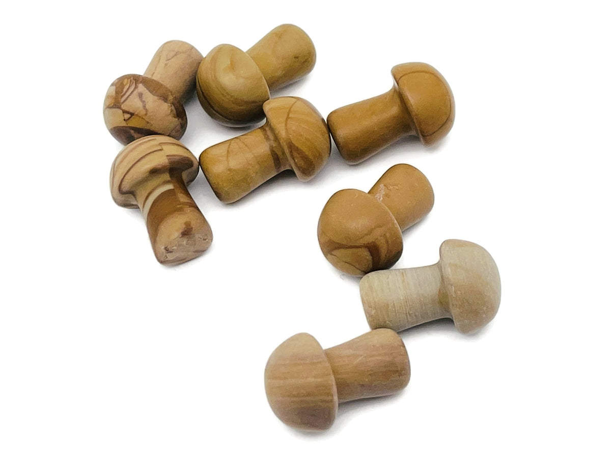 Walnut Jasper mushroom carved gemstone, 20mm, with detailed natural stone patterns and smooth polished surface.