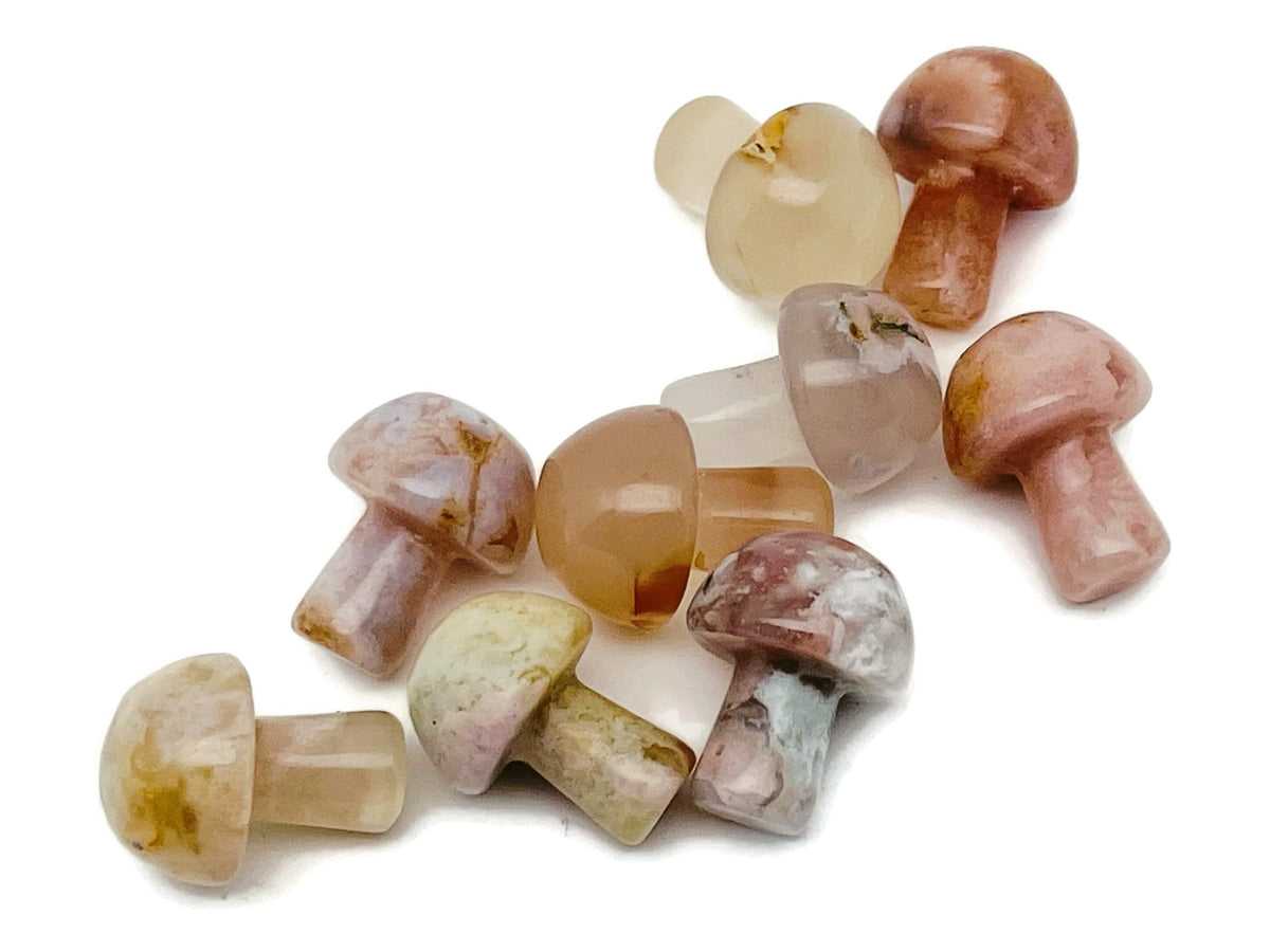 Cherry blossom flower agate mushroom carved gemstone, 20mm, showcasing intricate details and natural gemstone patterns.