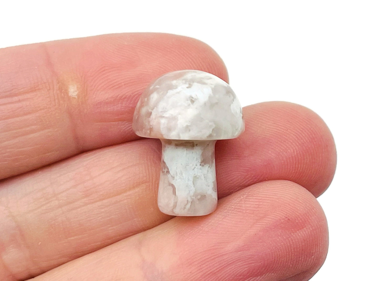 Flower Agate mushroom carved gemstone with cherry blossom design, 20mm, showcasing vibrant colors and intricate detail.