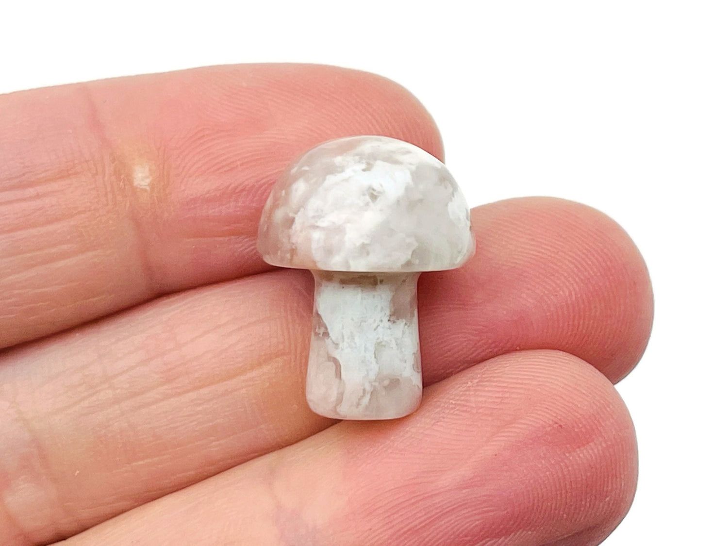 Flower Agate mushroom carved gemstone with cherry blossom design, 20mm, showcasing vibrant colors and intricate detail.
