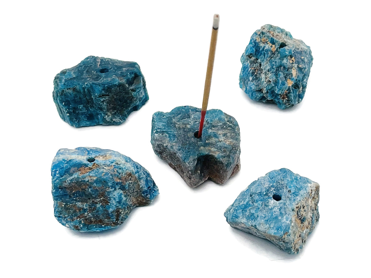 Blue Apatite rough crystal incense holder from GemstoneGO, handcrafted carving for incense sticks with natural, textured appearance.