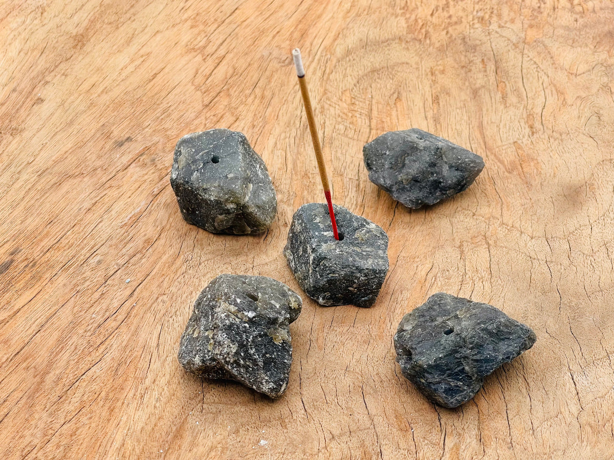 Handmade Labradorite rough crystal incense holder with carved design, ideal for holding incense sticks and showcasing natural gemstone beauty.
