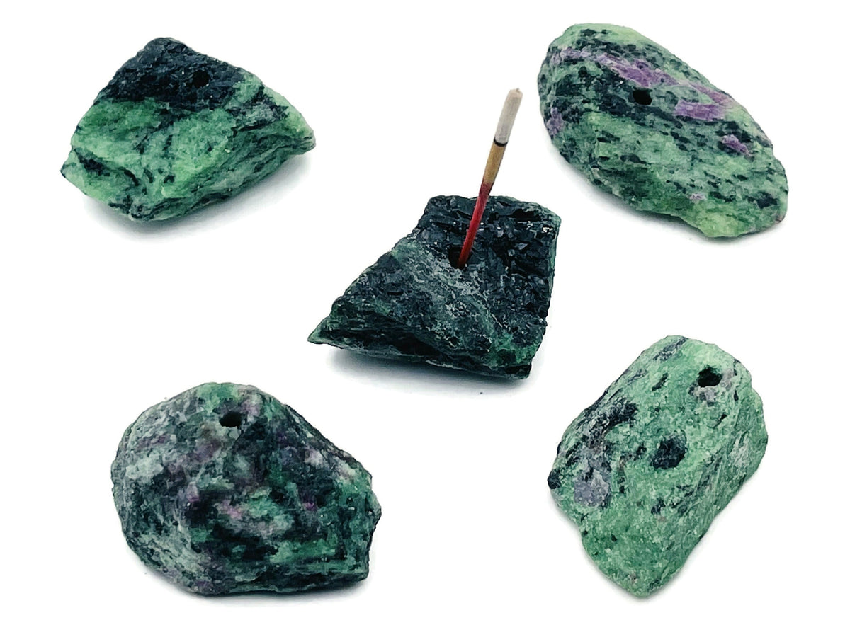 Handmade ruby zoisite rough crystal incense holder with carved design, perfect for holding incense sticks.