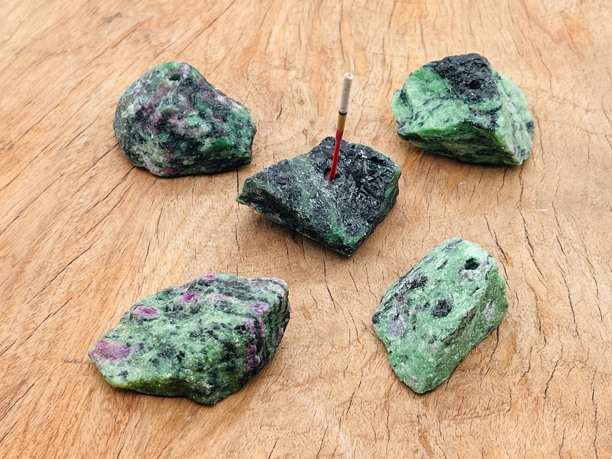 Handmade ruby zoisite rough crystal incense holder with carved design, ideal for holding incense sticks, by GemstoneGO.