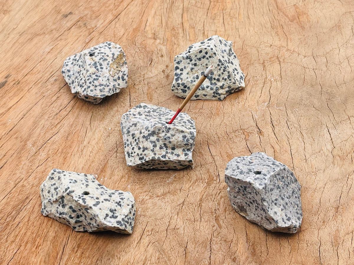 Dalmatian Jasper rough crystal incense holder with carved design, used for holding incense sticks, handmade by GemstoneGO.