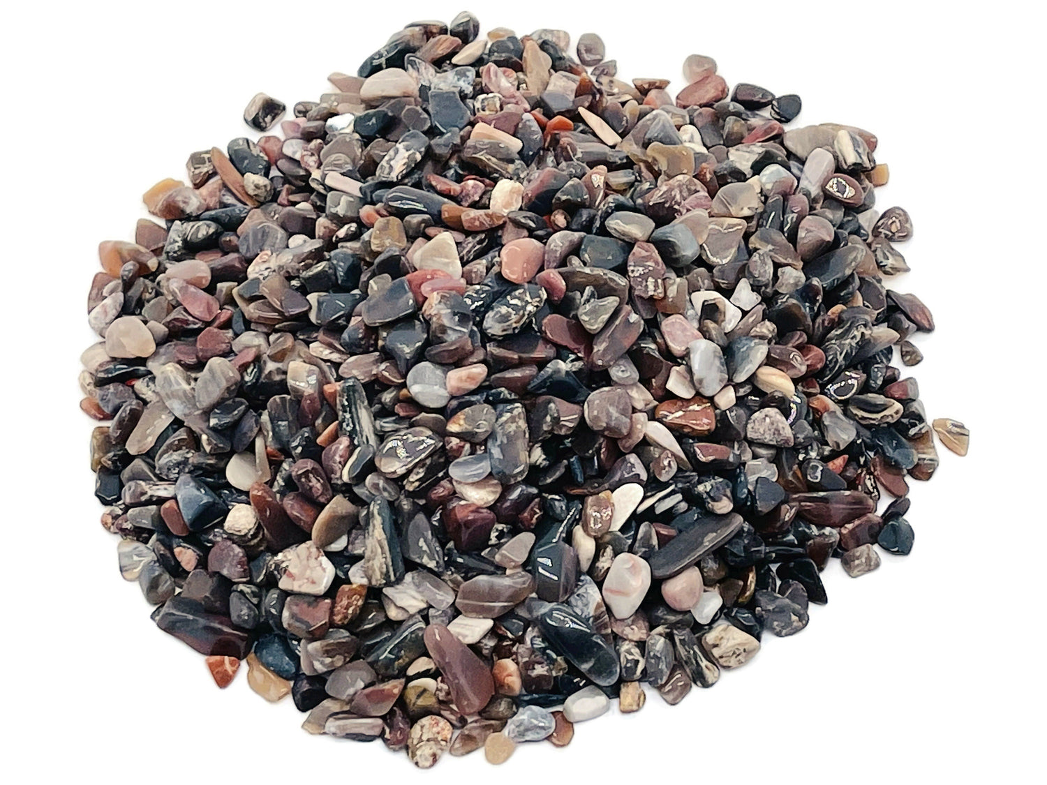 Semi-tumbled petrified wood crystal chips in 5-7mm size, natural gemstone bulk stones by GemstoneGO.