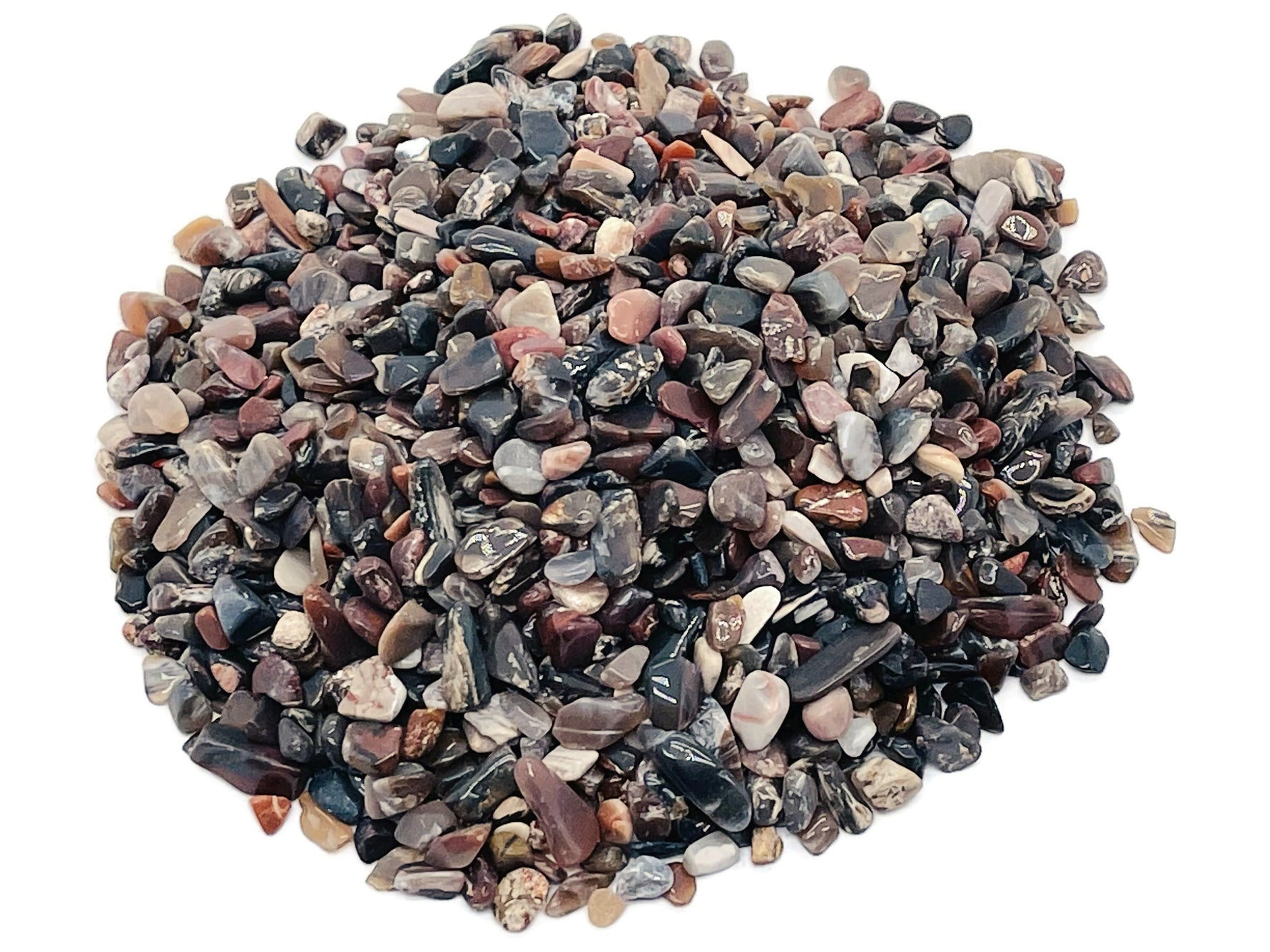 Semi-tumbled petrified wood crystal chips in 5-7mm size, natural gemstone bulk stones by GemstoneGO.