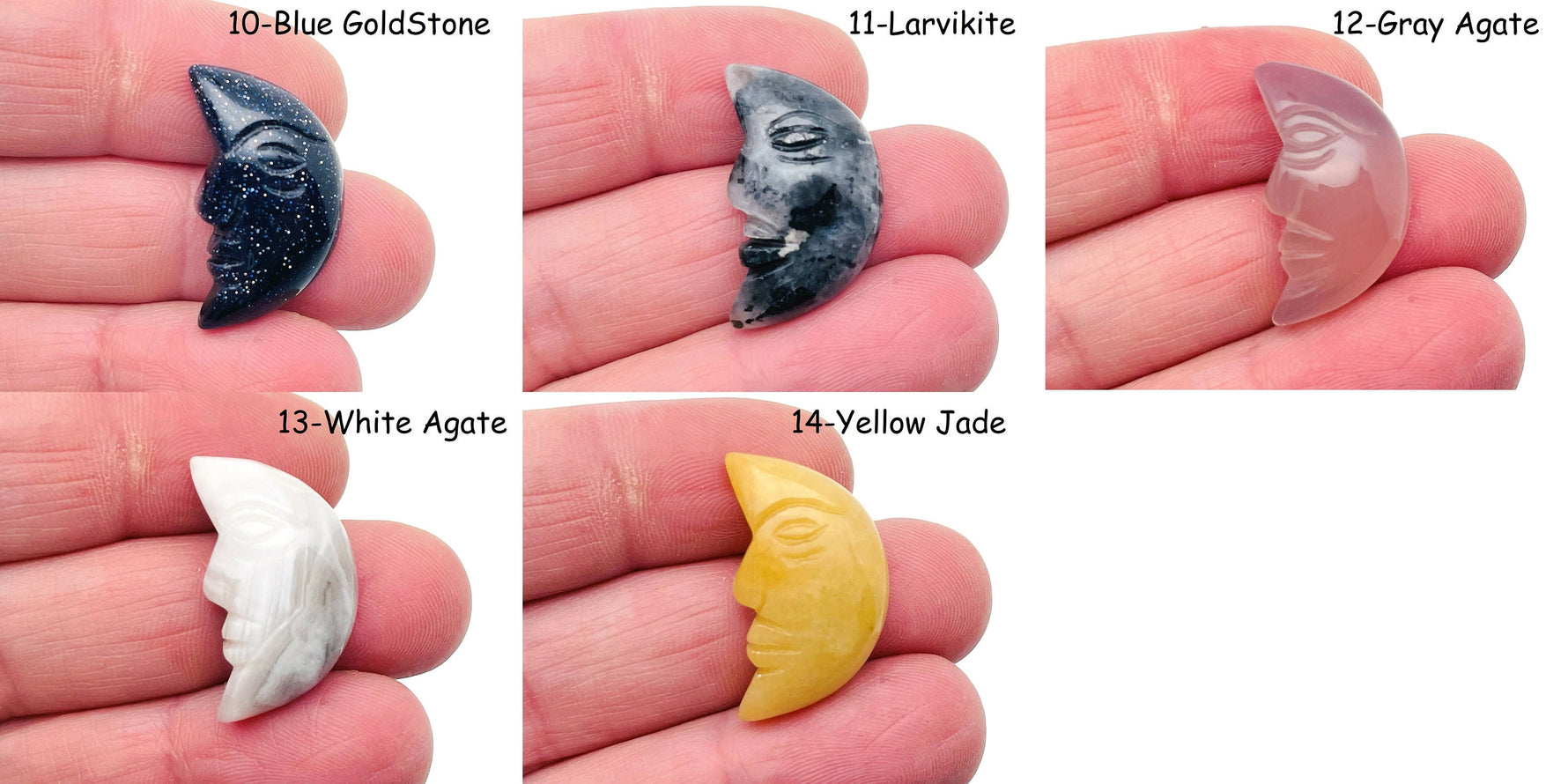 Crystal Moon face gemstone from GemstoneGO, 25mm smile moon with mixed colors, showcasing a faceted crystal surface and intricate design.