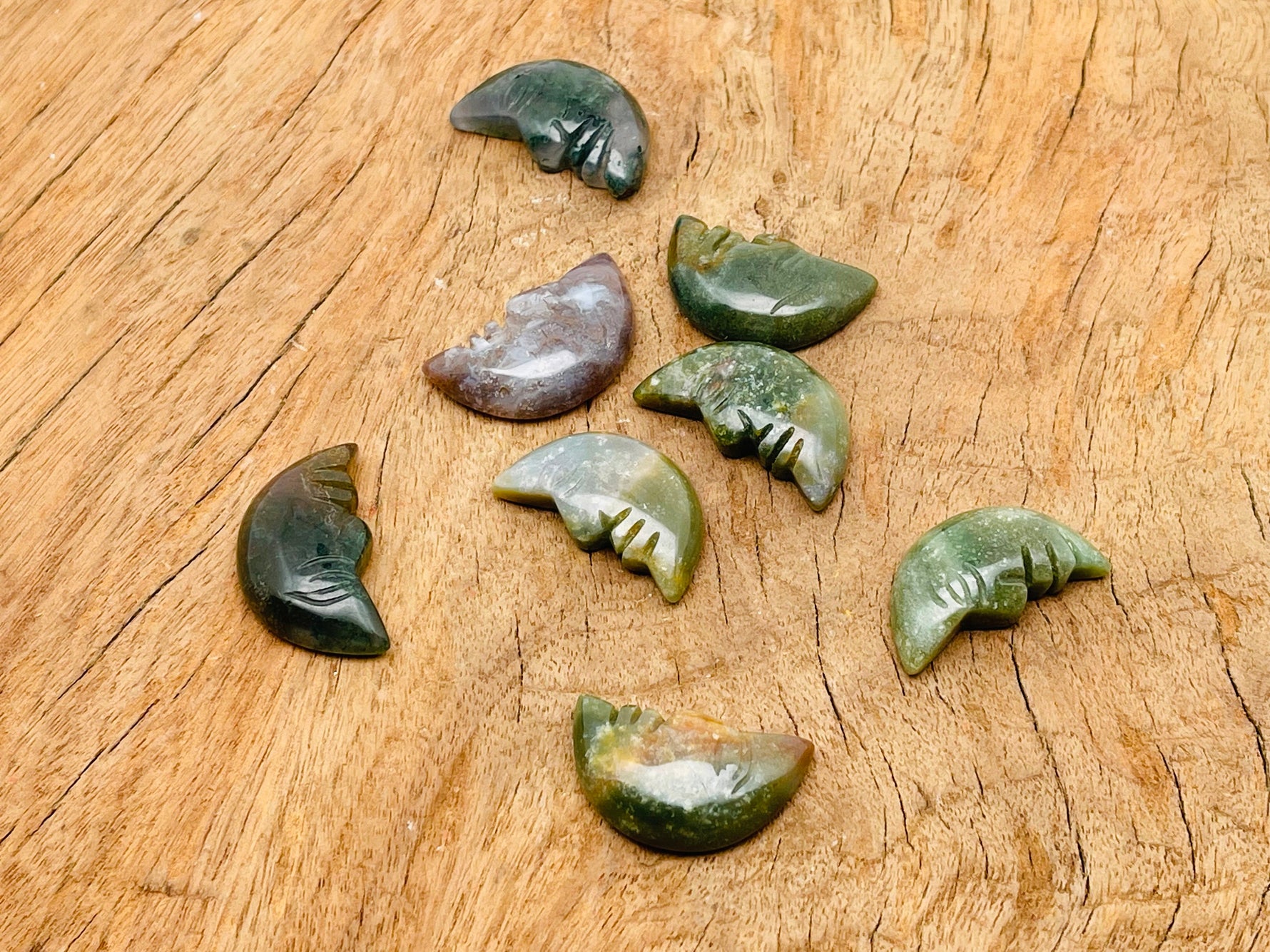 African Bloodstone crystal moon face pendant, 25mm gemstone with smiling moon design, crafted by GemstoneGO.