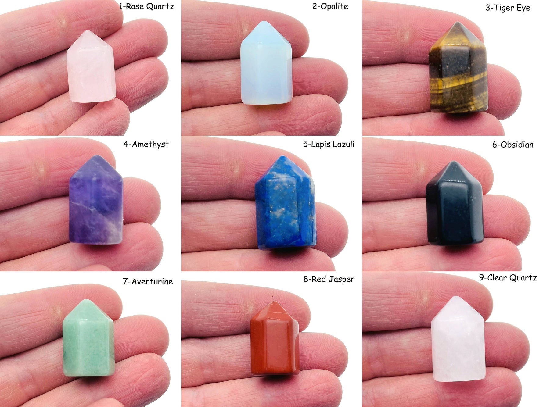 Hand-carved Mini Obelisk Tower Crystal from GemstoneGO, 25mm healing crystal point with mixed gemstone colors and patterns.