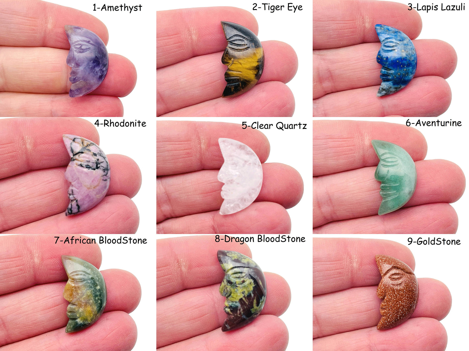 Crystal Moon face charm by GemstoneGO, 25mm, featuring a smiling moon design with colorful crystal accents.