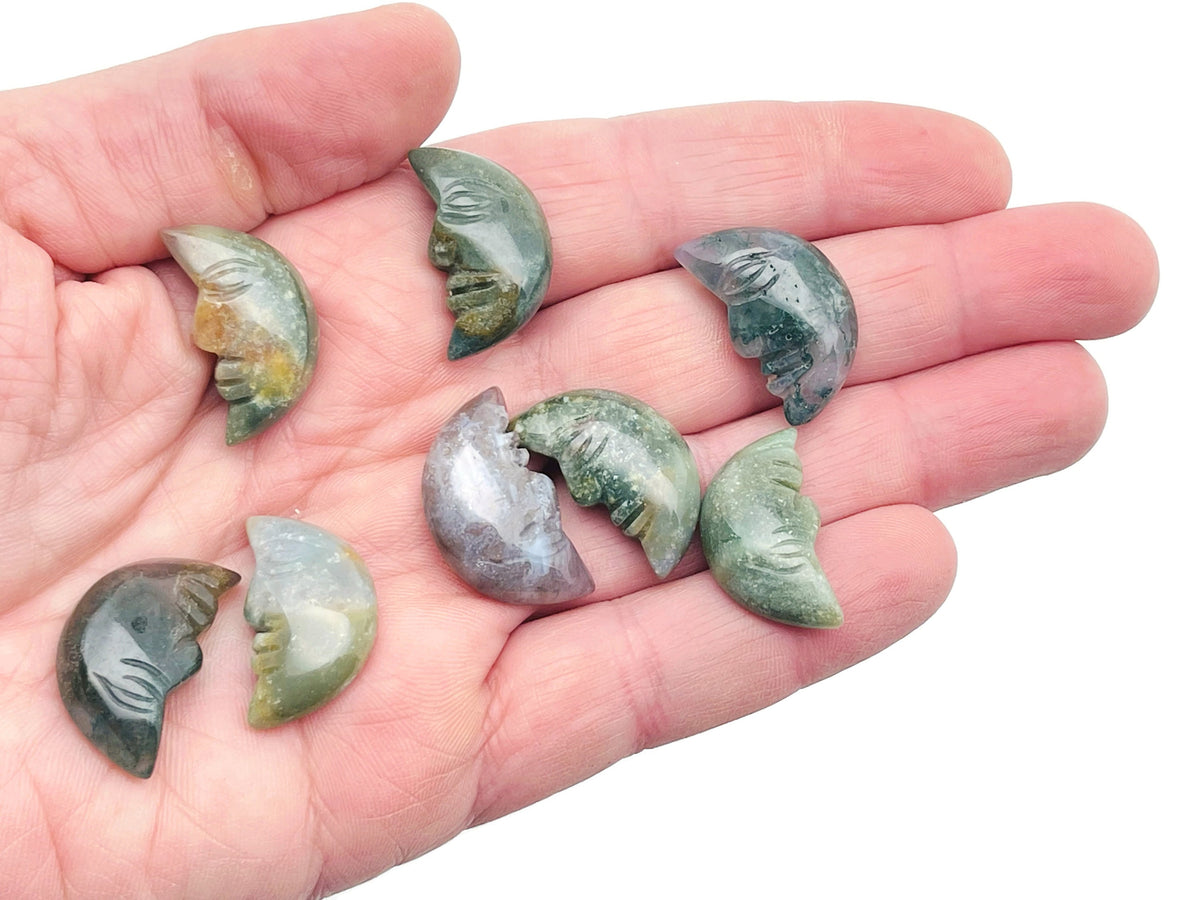 African Bloodstone crystal moon face pendant, 25mm, with smile design, crafted by GemstoneGO, showcasing detailed gemstone craftsmanship.