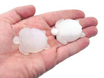 Selenite turtle gemstone carving with smooth white surface and detailed shell, displayed on a plain background.