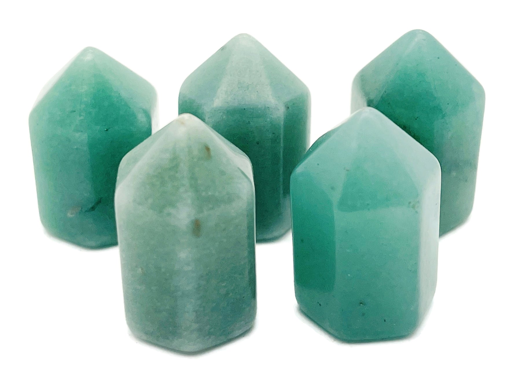 A 25mm Aventurine Obelisk Tower crystal from GemstoneGO, showcasing the green gemstone with natural texture and polished facets.