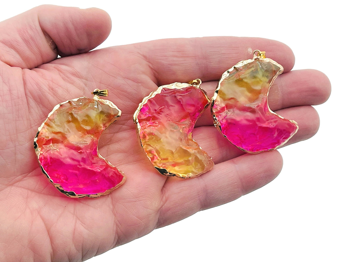 Rainbow Aura Moon Crystal pendant featuring yellow-pink quartz, showcasing a vibrant, iridescent love stone design by GemstoneGO.