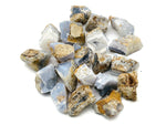 Raw Blue Lace Agate gemstone from GemstoneGO, showcasing its light blue, banded natural stone with intricate patterns.