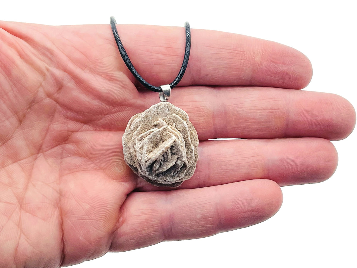 Desert Rose Selenite crystal gemstone necklace with corn-shaped pendant on a chain, by GemstoneGO.
