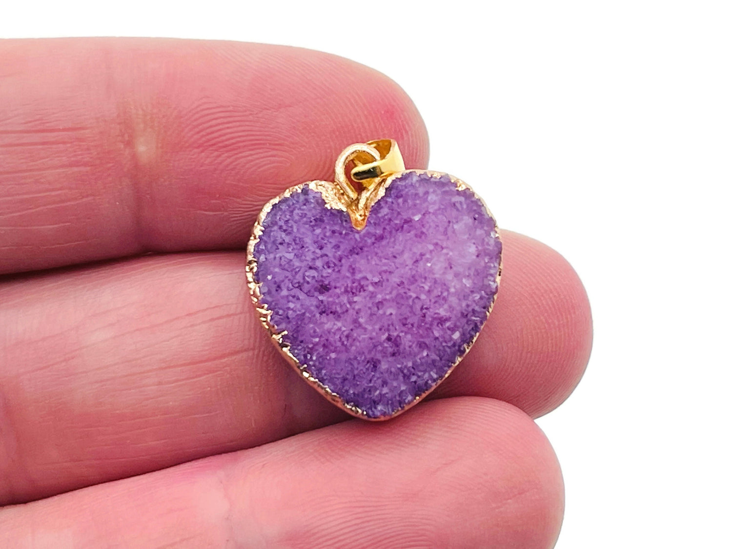 Purple agate heart geode druzy slice pendant with crystal details, crafted by GemstoneGO, showcasing vibrant purple and shimmering druzy texture.