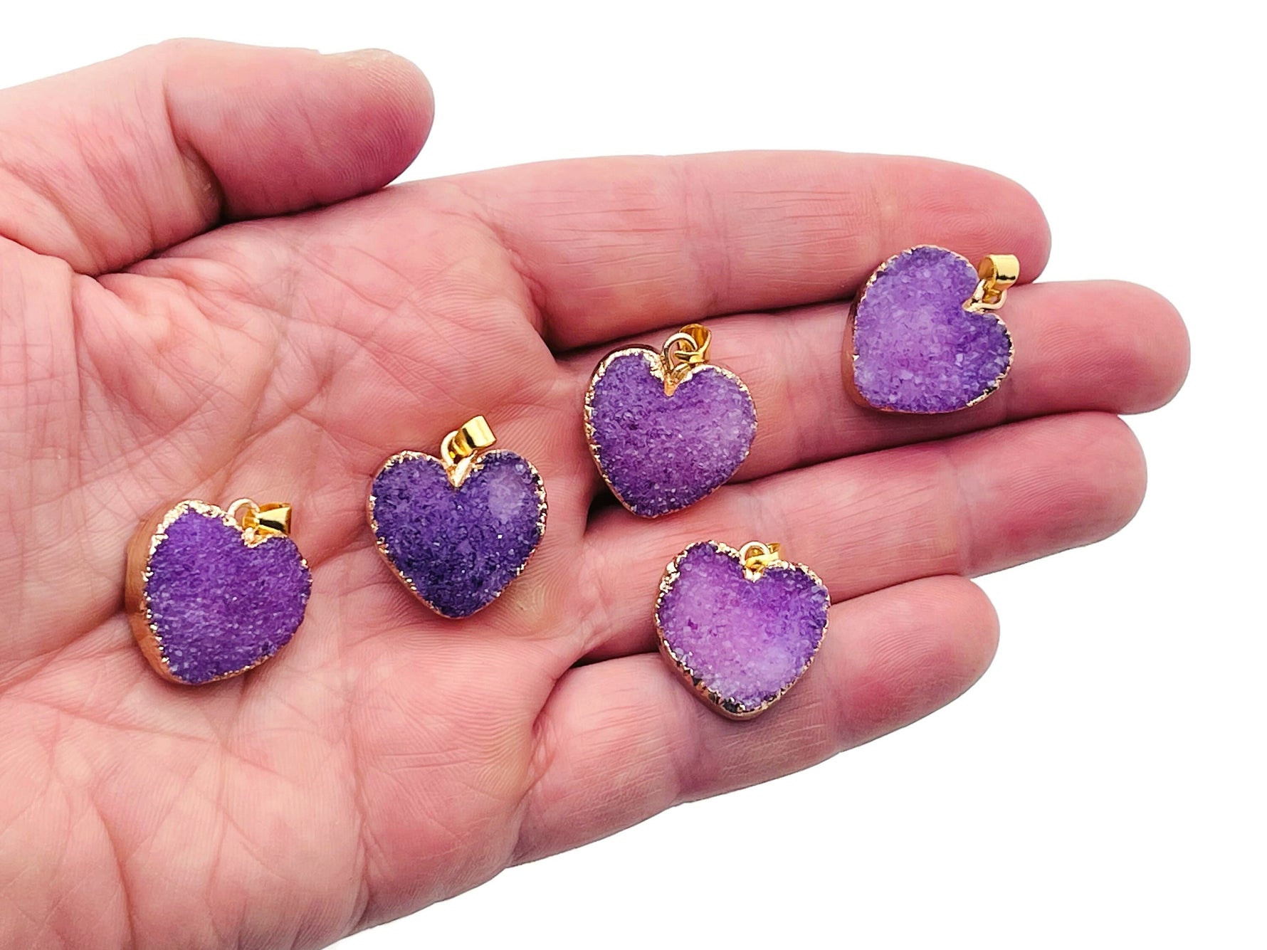 Purple agate heart geode druzy slice pendant featuring natural gemstone with sparkling crystal details, crafted by GemstoneGO.