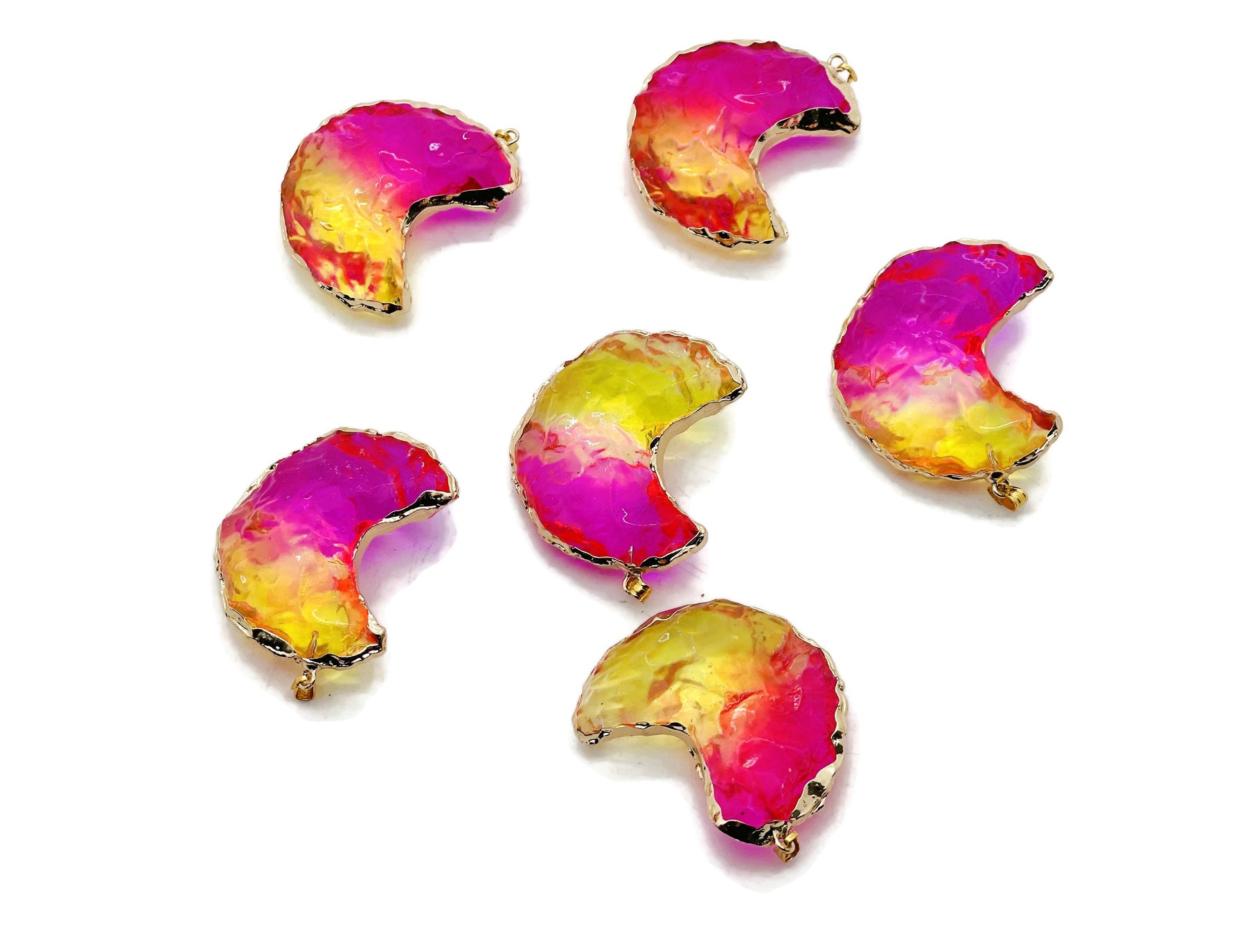 Rainbow aura moon crystal pendant featuring yellow-pink quartz, love stone, with a shimmering rainbow aura finish from GemstoneGO.