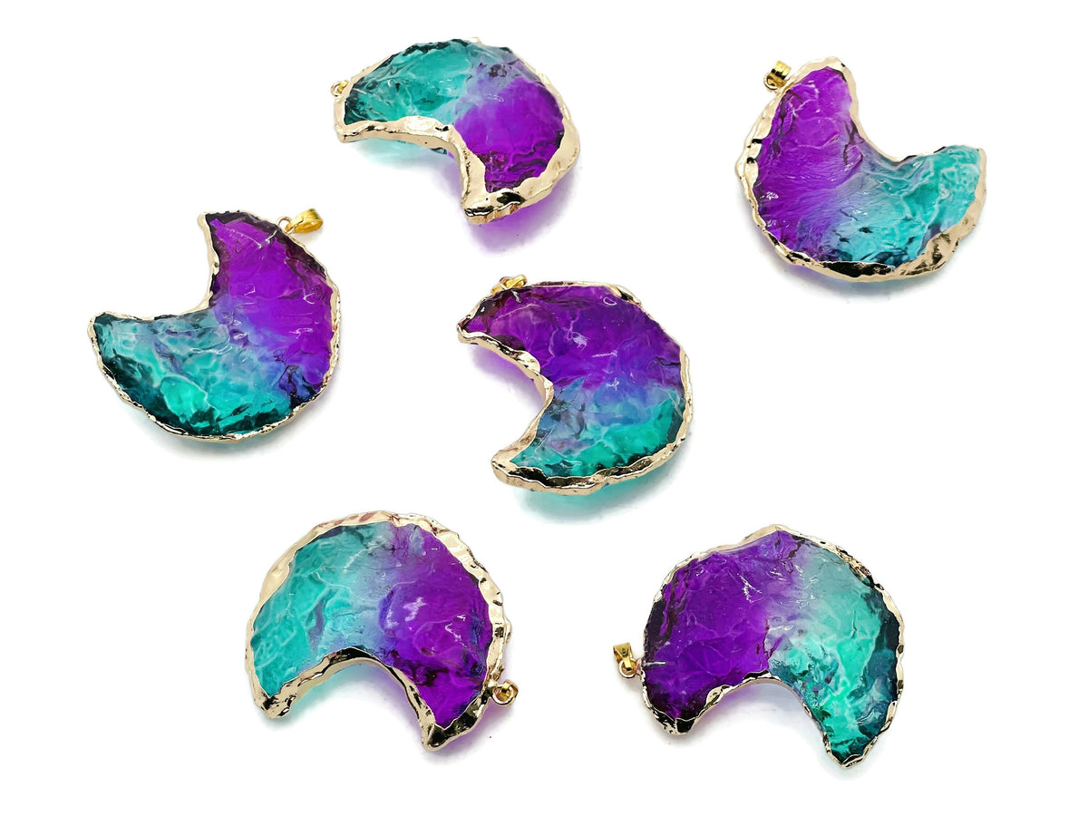 Blue-purple Rainbow Aura Moon crystal pendant with love stone design by GemstoneGO, showcasing its iridescent rainbow glow.