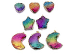 Rainbow Aura Heart Crystal Pendant by GemstoneGO, moon-star-heart design, loose colorful gemstone with vibrant rainbow hues.