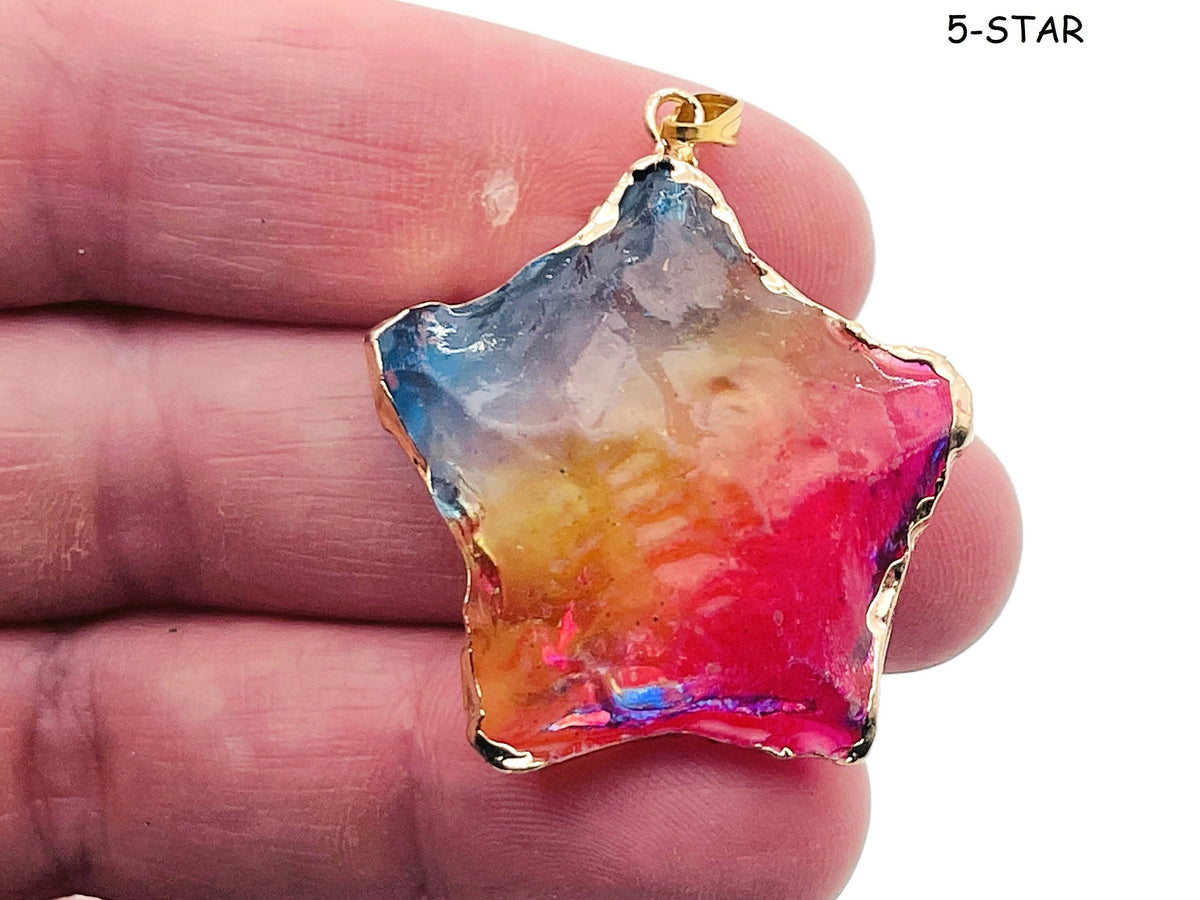 Rainbow Aura Heart Crystal Pendant by GemstoneGO featuring a moon-star-heart design and vibrant, iridescent crystal in a loose form.