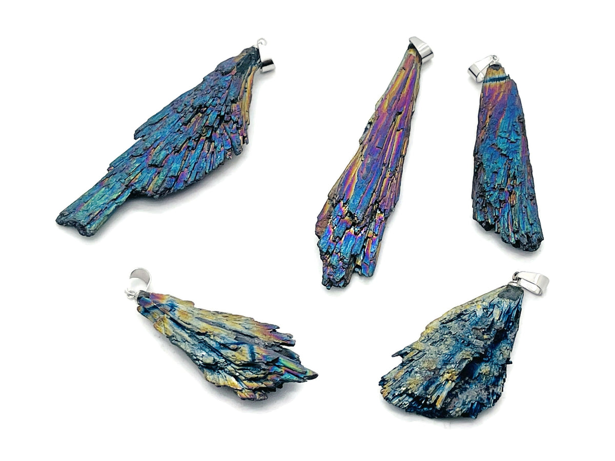 Rainbow kyanite fan crystal pendant with titanium accents, showcasing vibrant, iridescent gemstone jewelry on a delicate chain.