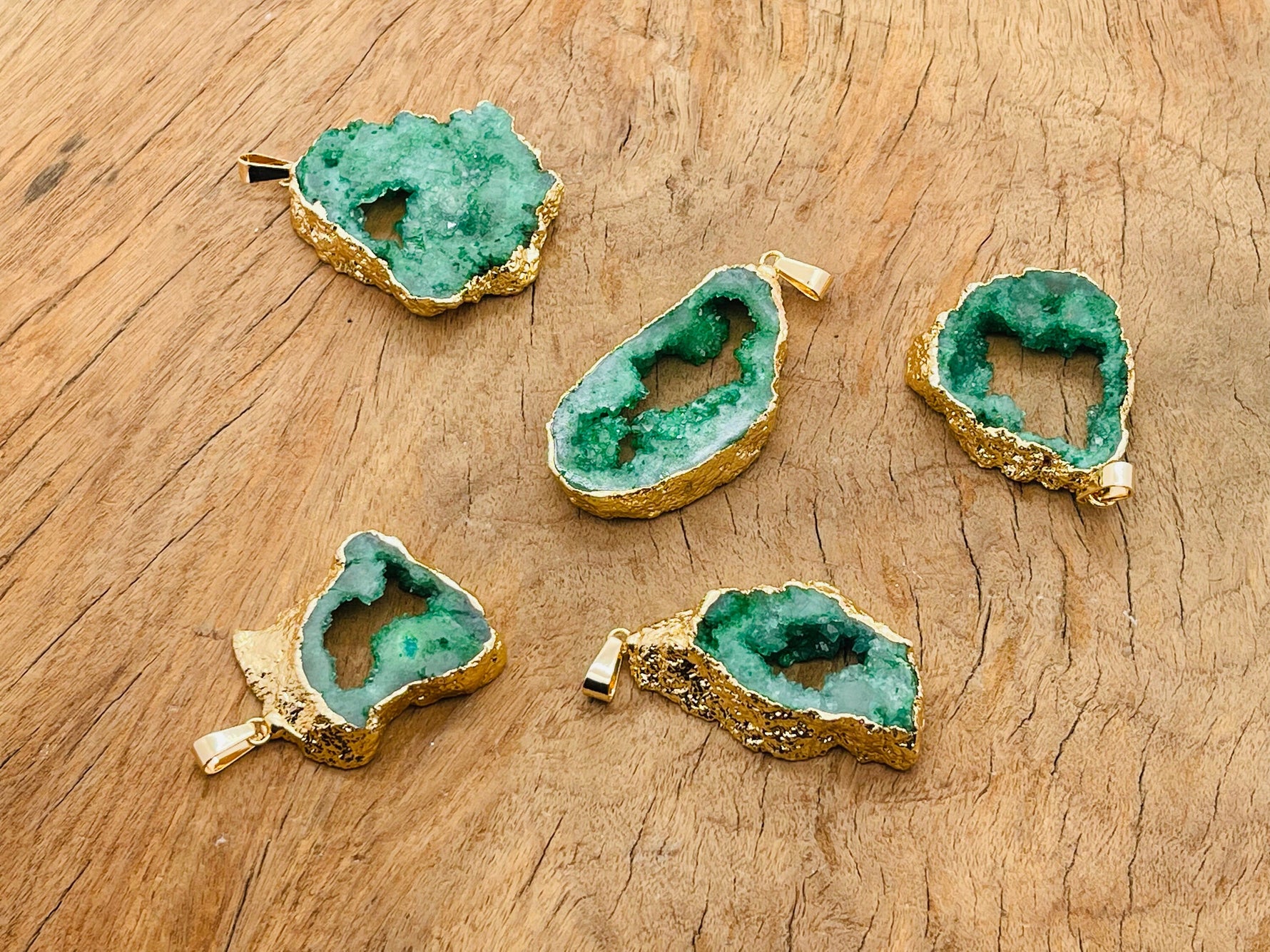 Green agate geode druzy slice pendant with sparkling crystal interior, handcrafted gemstone jewelry by GemstoneGO.