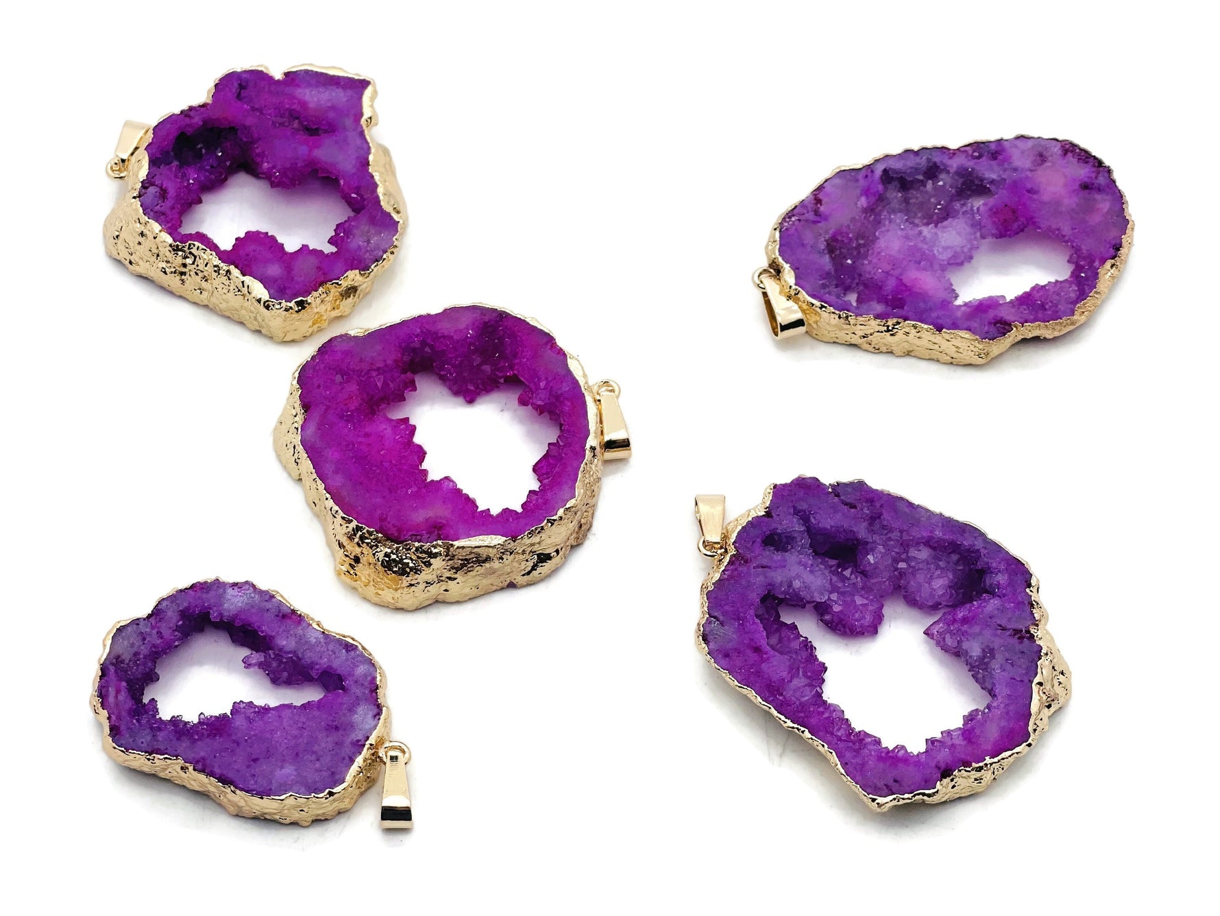 Pink agate geode druzy slice pendant with natural crystal textures, crafted by GemstoneGO, showcasing vibrant pink hues and sparkling details.
