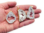 White agate geode druzy slice crystal pendant with natural crystal formations, crafted by GemstoneGO.