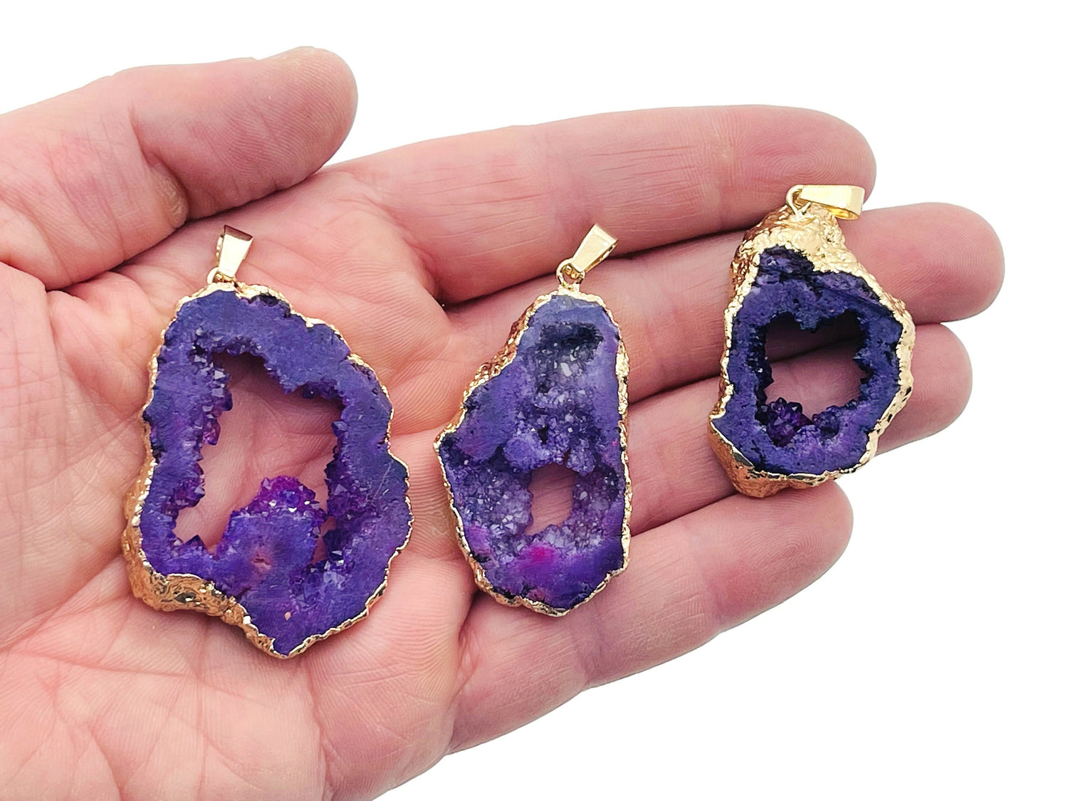 Purple agate geode druzy slice crystal pendant featuring a natural gemstone with sparkling druzy details, crafted by GemstoneGO.