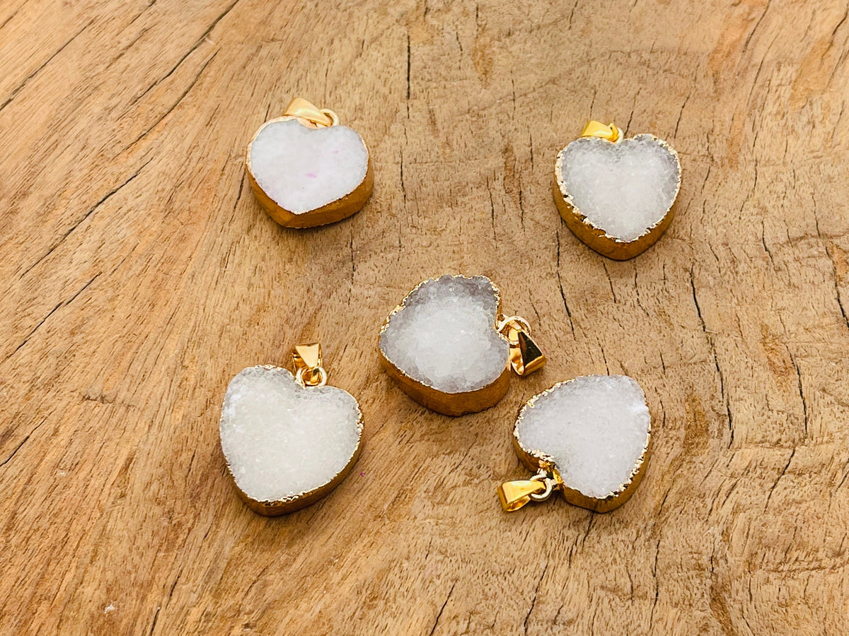 White agate heart geode druzy slice pendant with sparkling crystal detail, handcrafted gemstone jewelry from GemstoneGO.