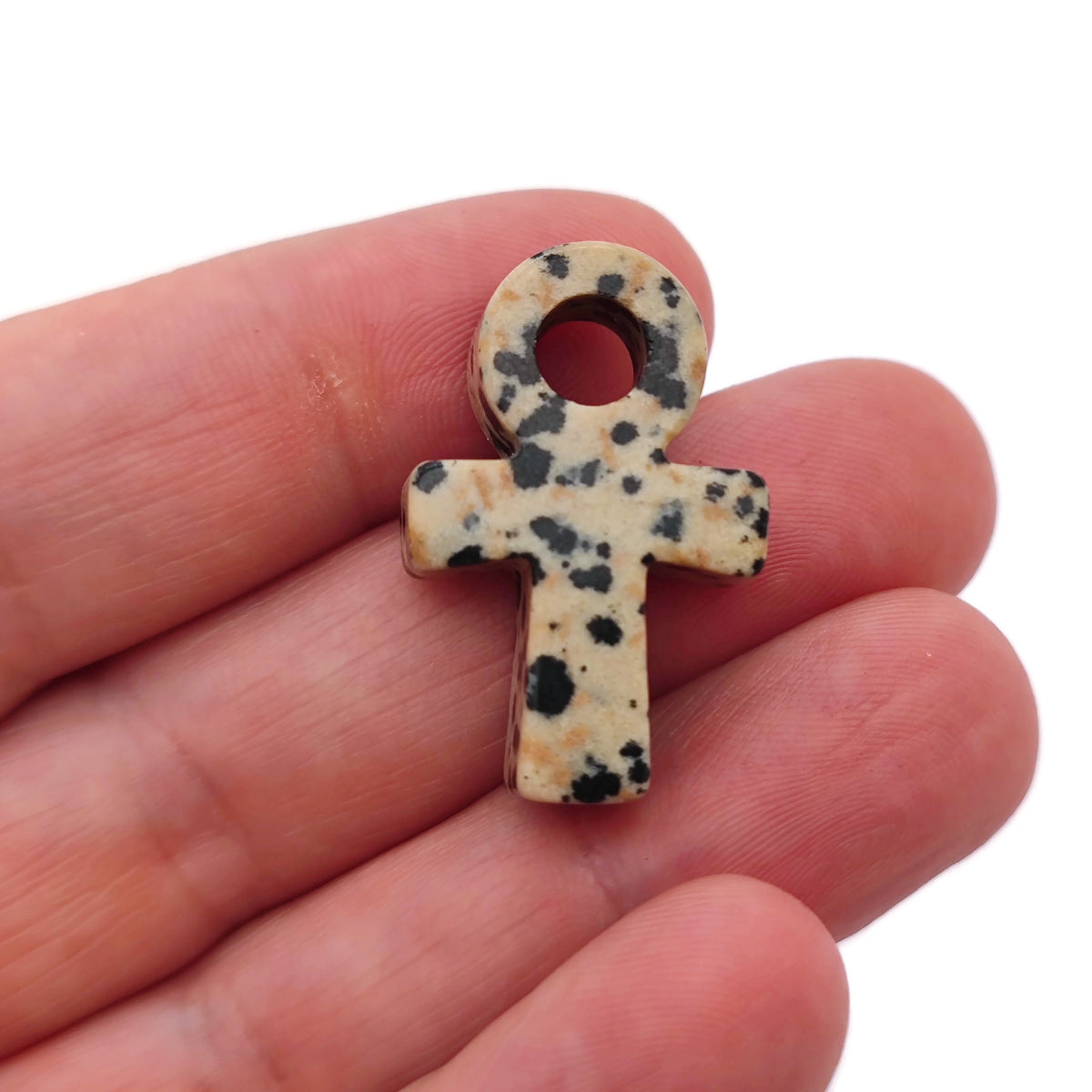 Dalmatian Jasper Anka crystal carving, 30mm gemstone ankhs by GemstoneGO, showcasing black and white spotted stone details.