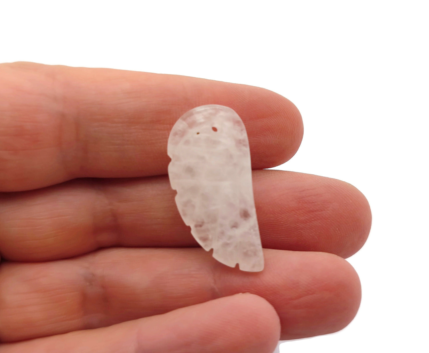 Clear quartz angel wing pendant with hole charm, featuring detailed gemstone design from GemstoneGO.