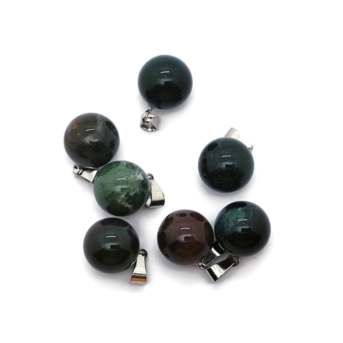 Moss agate crystal ball pendant with natural green and brown patterns, perfect for jewelry making by GemstoneGO.