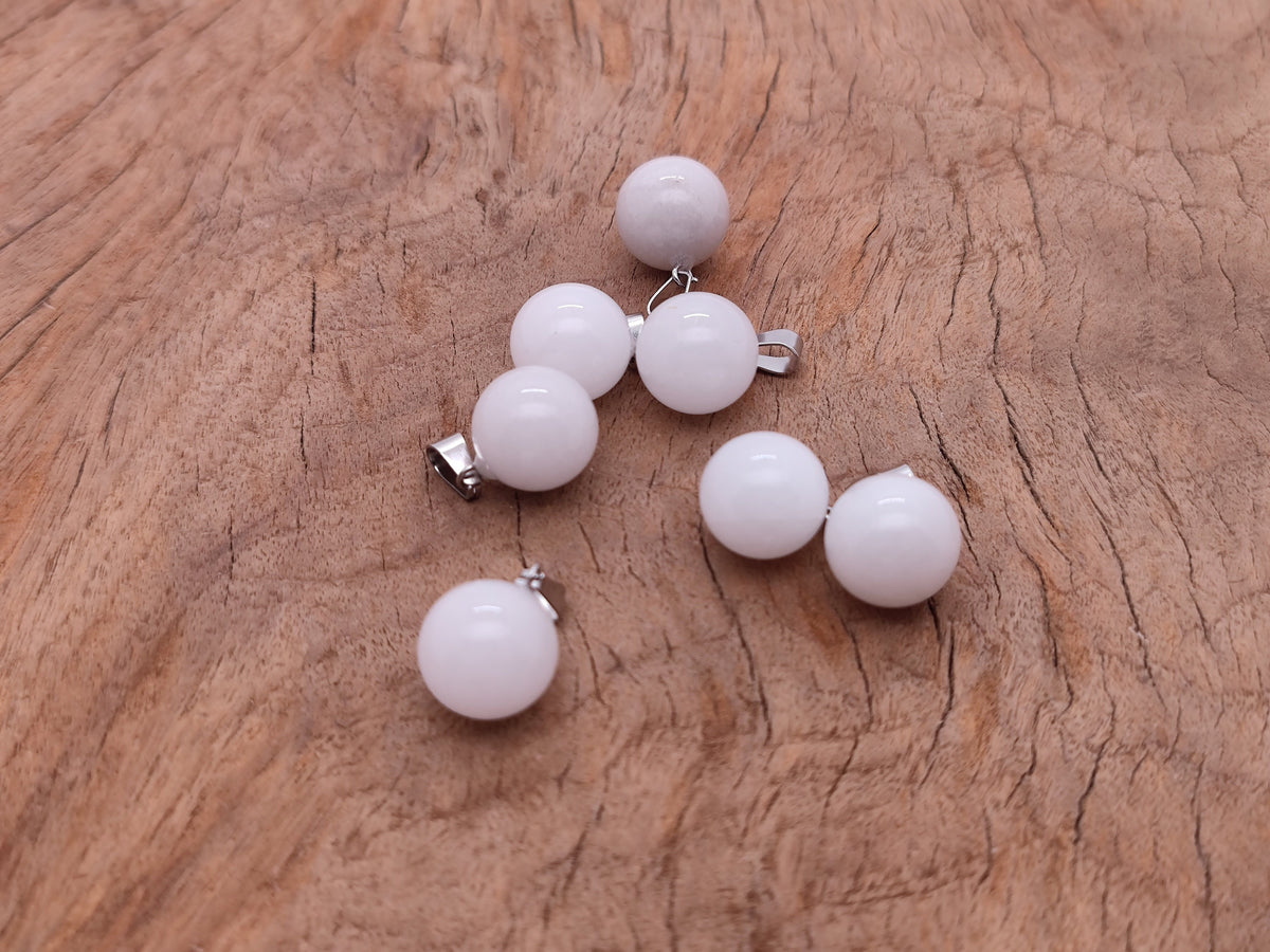 White jade crystal ball pendant from GemstoneGO, round jewelry-making pendant, smooth polished gemstone for necklaces or crafts