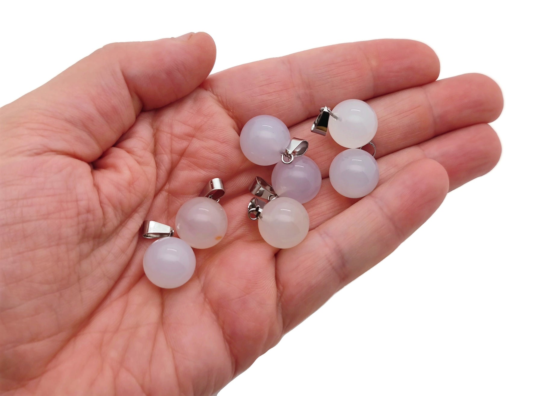 White agate crystal ball pendant for jewelry making, round gemstone with natural banding, from GemstoneGO.