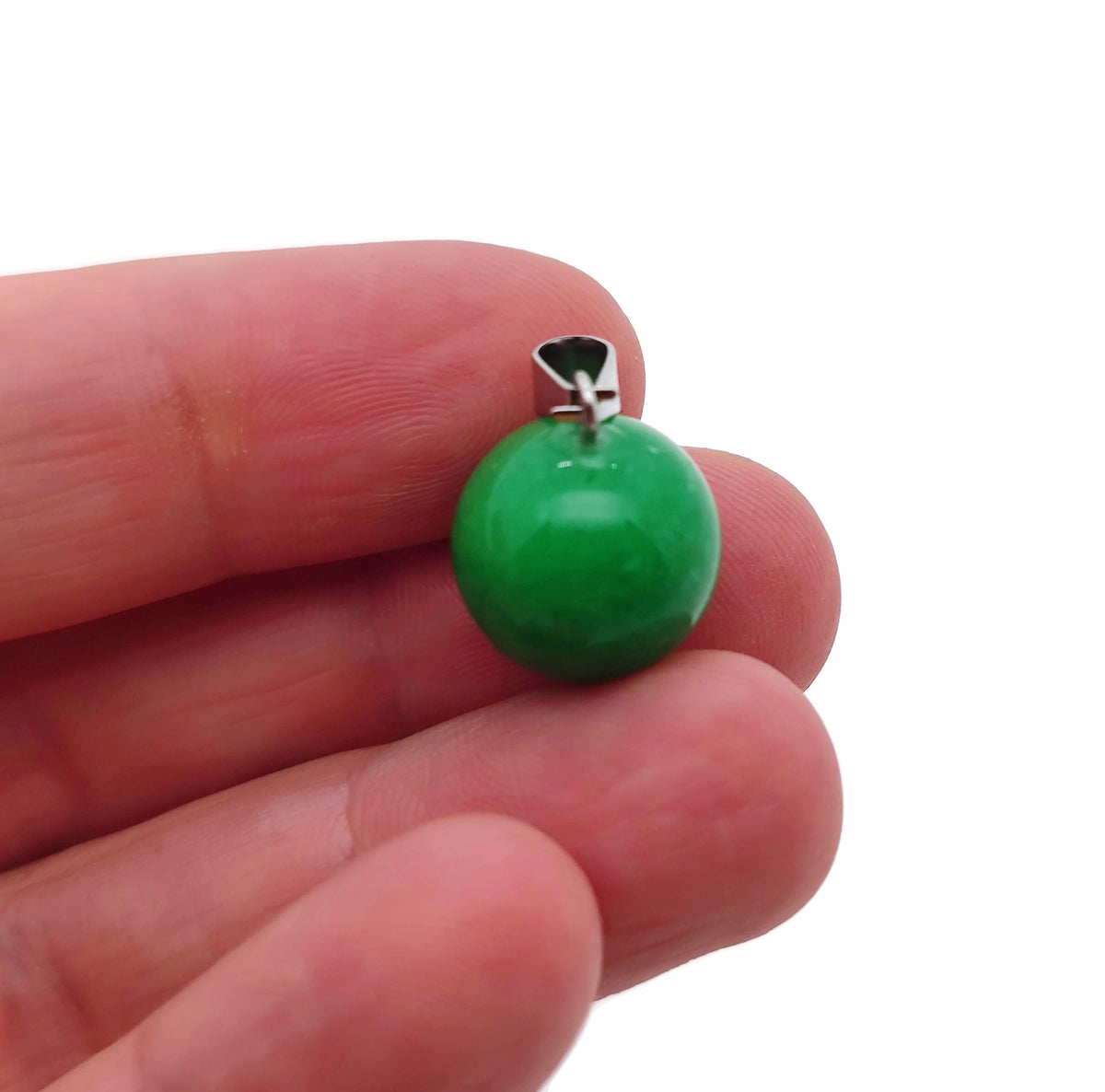 Green agate crystal ball pendant with polished round gemstone, ideal for jewelry making and jewelry designs.