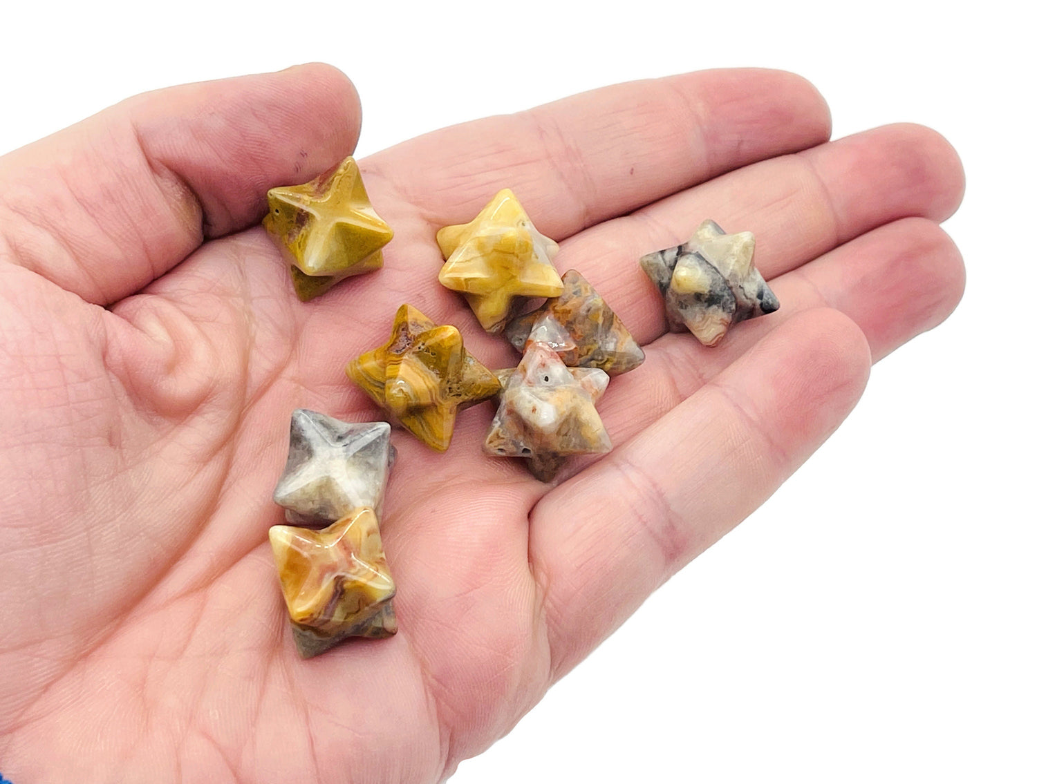 13mm Crazy Lace Agate Merkaba star crystal for Reiki healing, featuring intricate lace patterns and a polished finish.