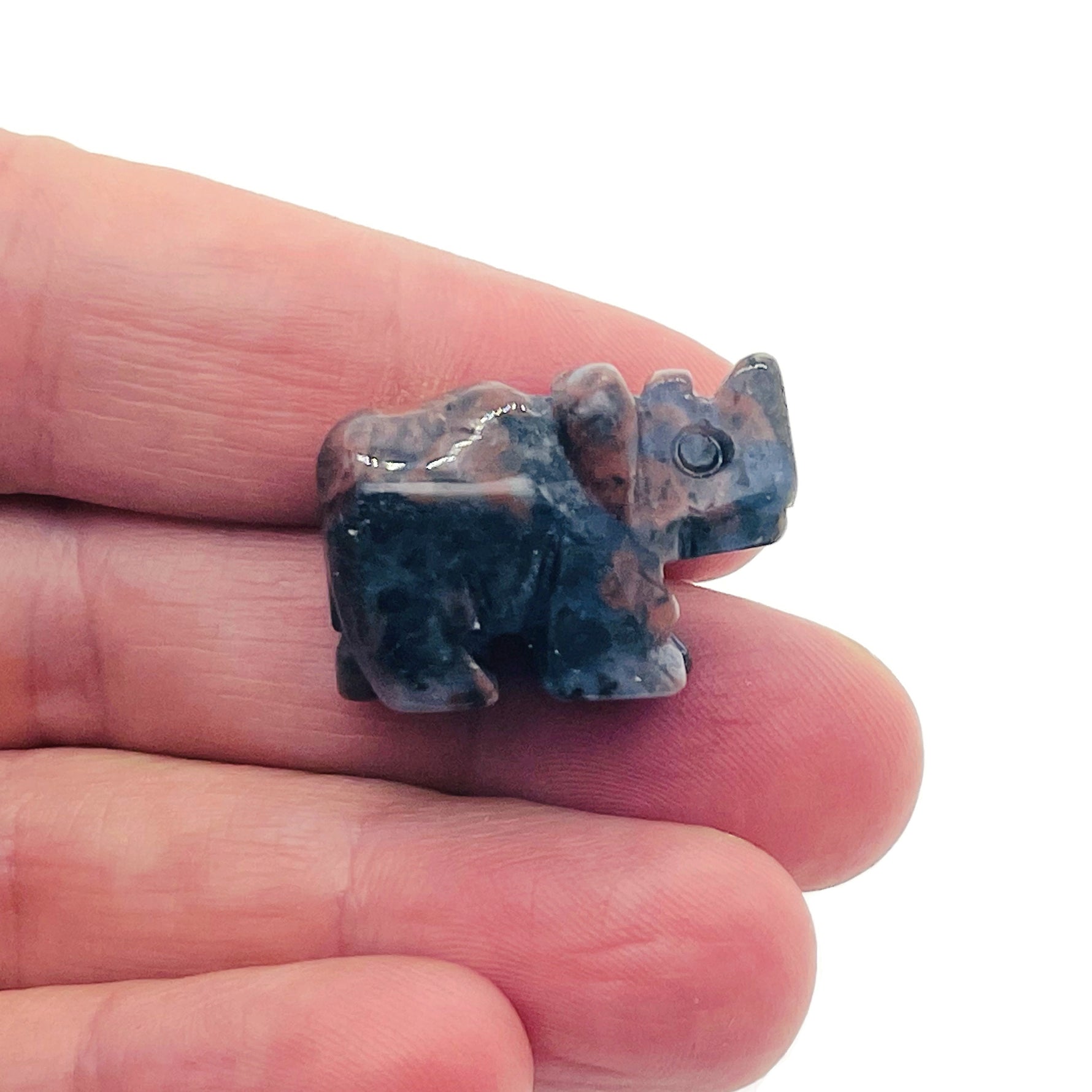 Handmade carved crystal rhino animal figure from GemstoneGO, 30mm size, featuring a detailed, natural gemstone design.