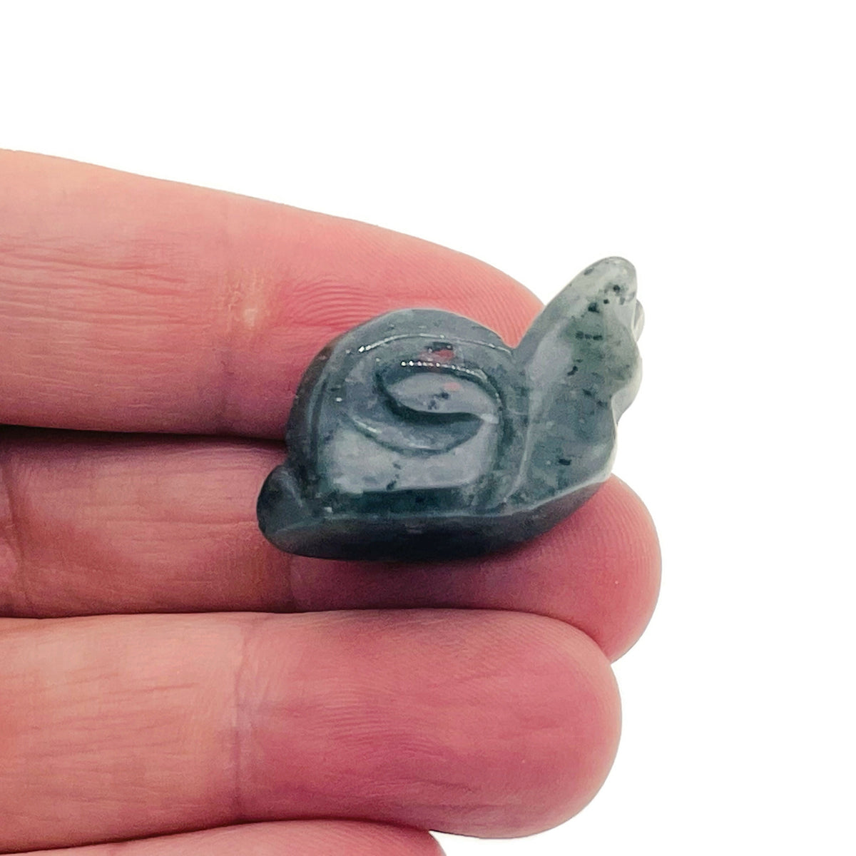 Handmade carved crystal snail animal figure, 30mm size, with colorful gemstone details from GemstoneGO.